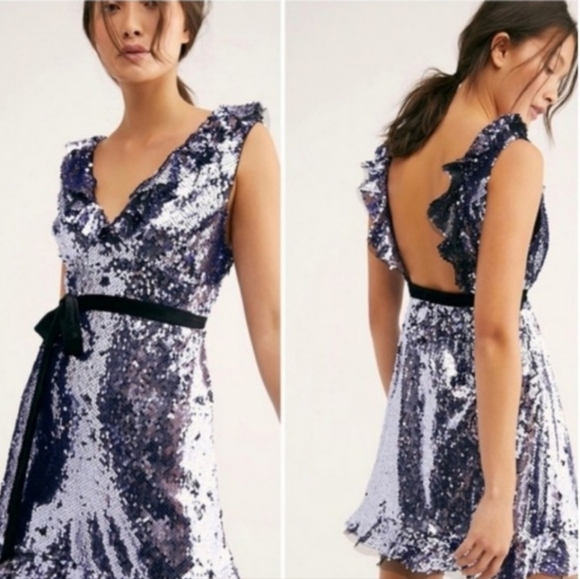 NWT Free People Purple Sequin Party Holiday Dress in Purple & Black Velvet - Picture 5 of 5